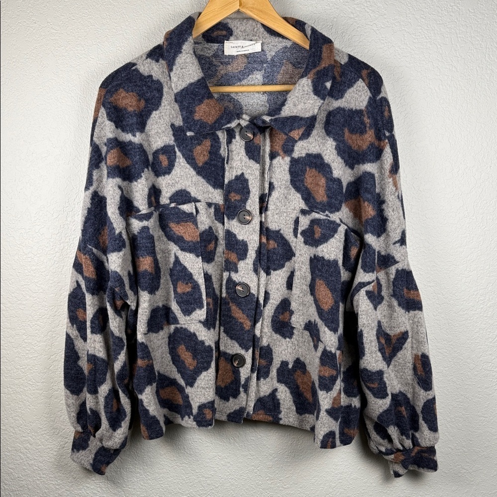 Saints & Hearts Gray and Brown Leopard Patterned Oversized Boxy Sweater Cardigan - Picture 5 of 14
